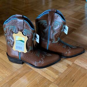 Smoky Mountain Girls Country Western Boots Brown Leather w/ Teal Stitching